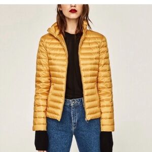 Zara Woman down gold / mustard color long sleeve puffer jacket, size L